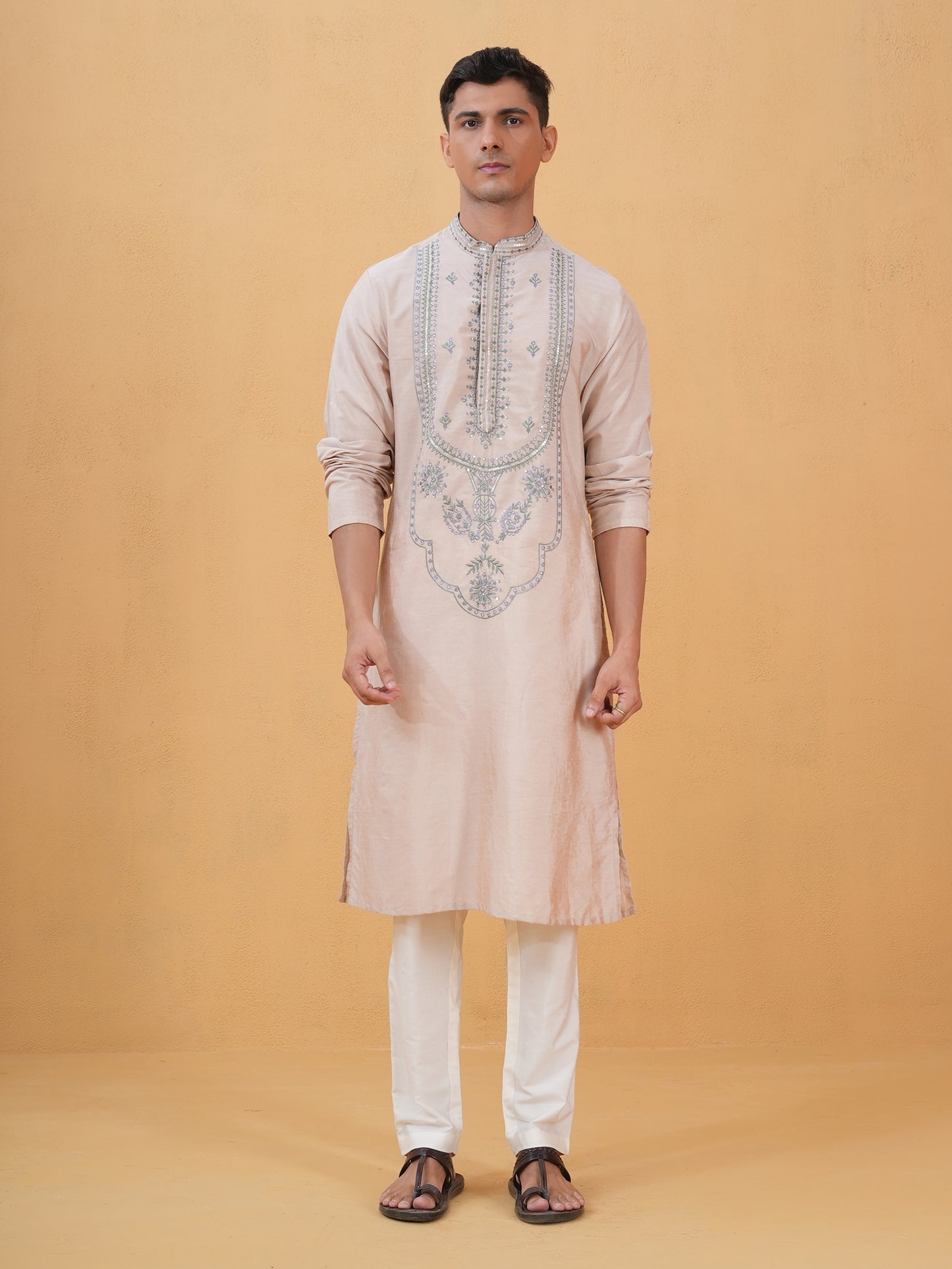 Saad Peach  Embroidered Katan Kurta Set
