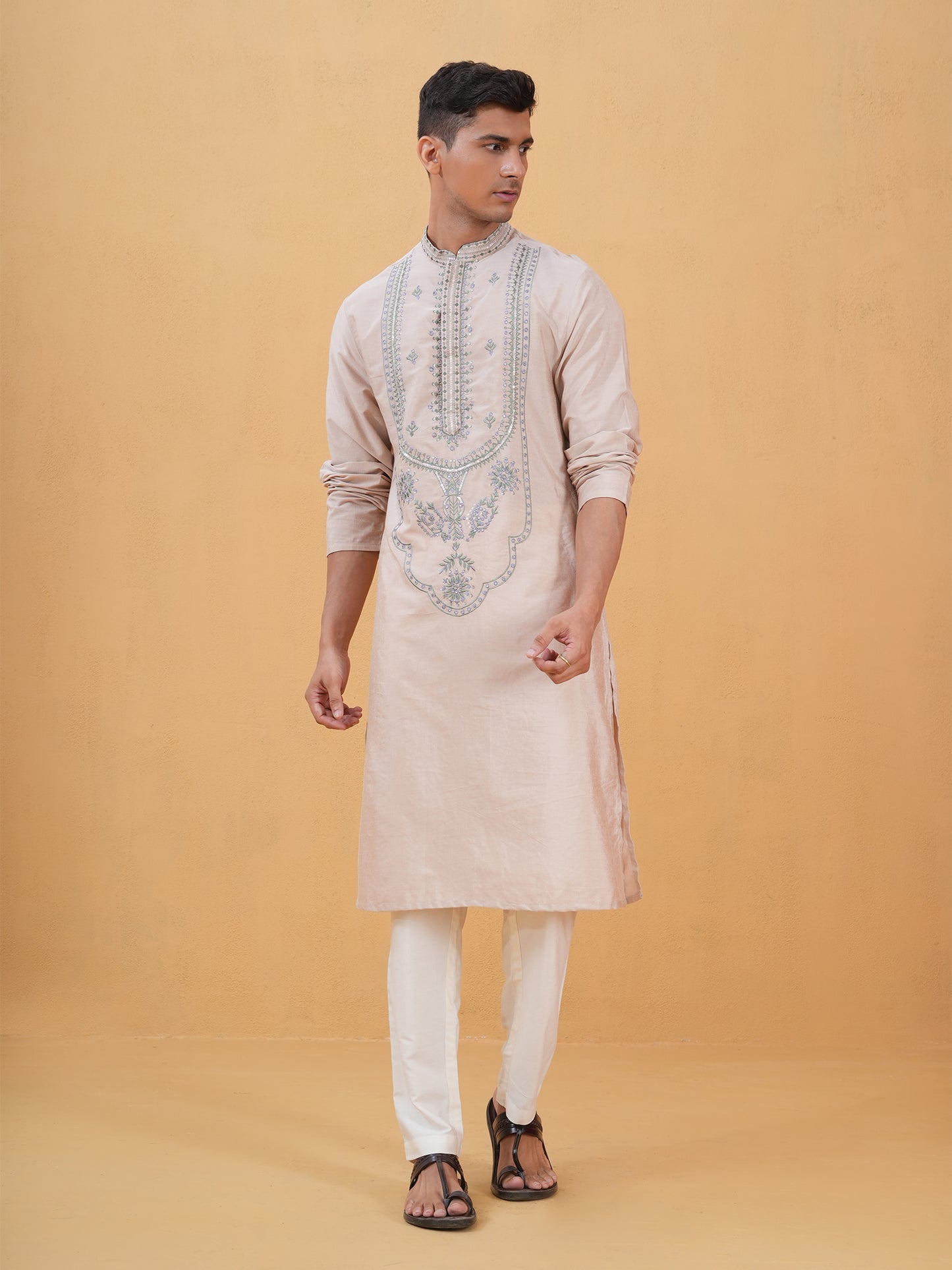 Saad Peach Embroidered Katan Kurta Set