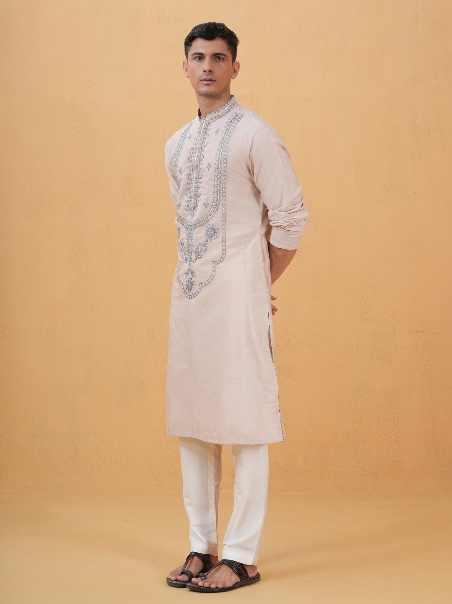 Saad Peach Embroidered Katan Kurta Set