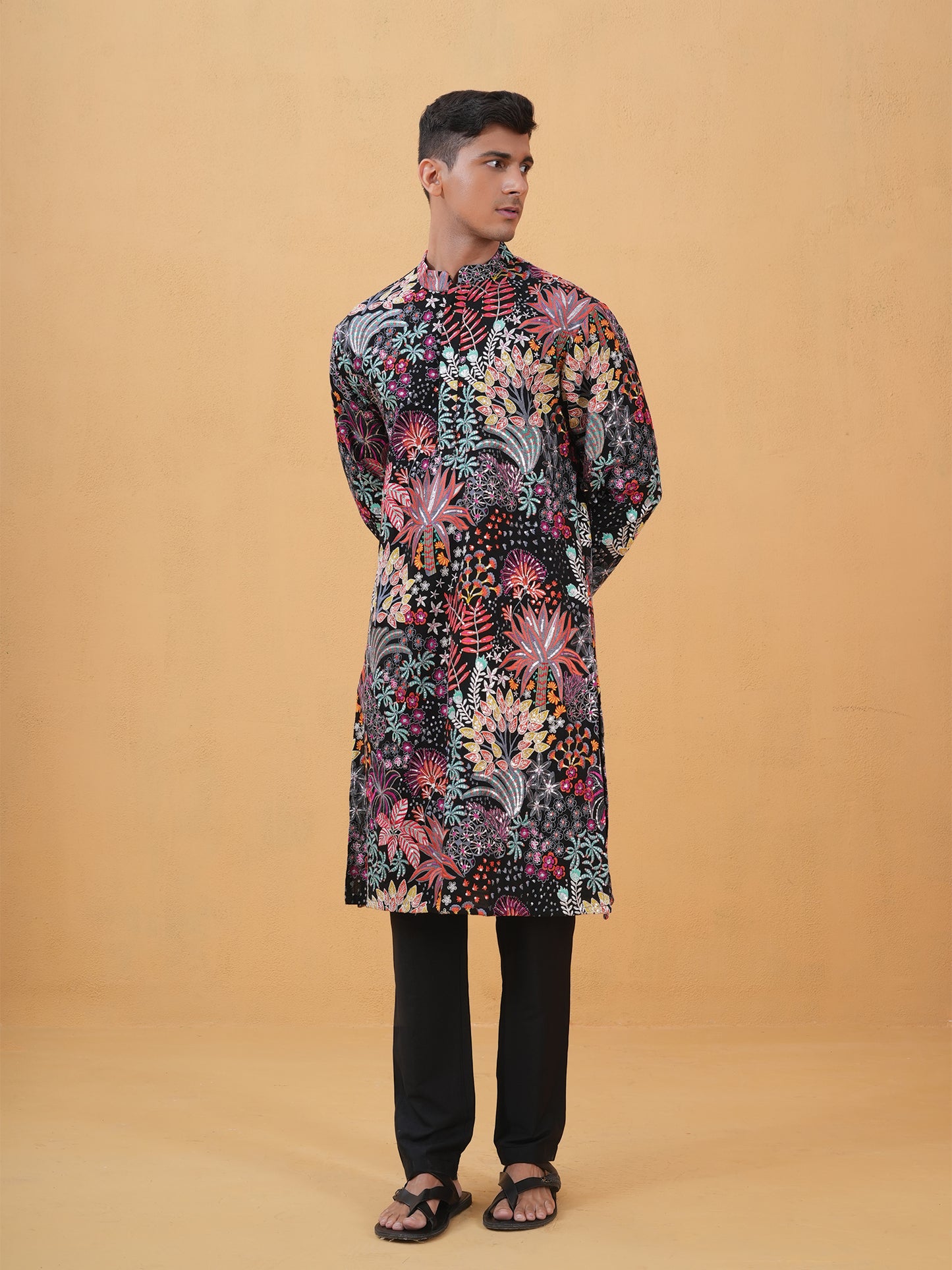 Aarush Black Embroidered Katan Kurta Set