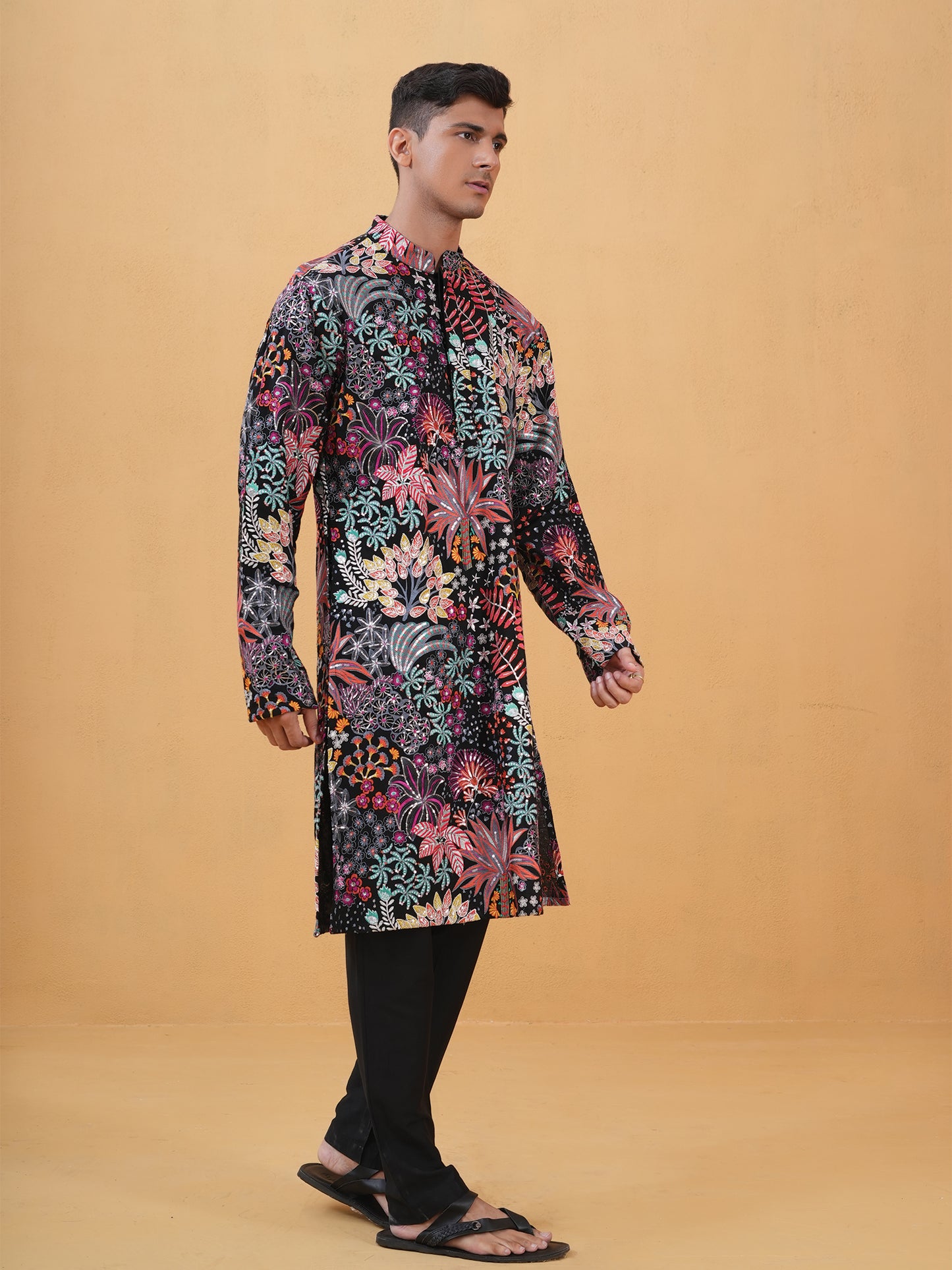 Aarush Black Embroidered Katan Kurta Set