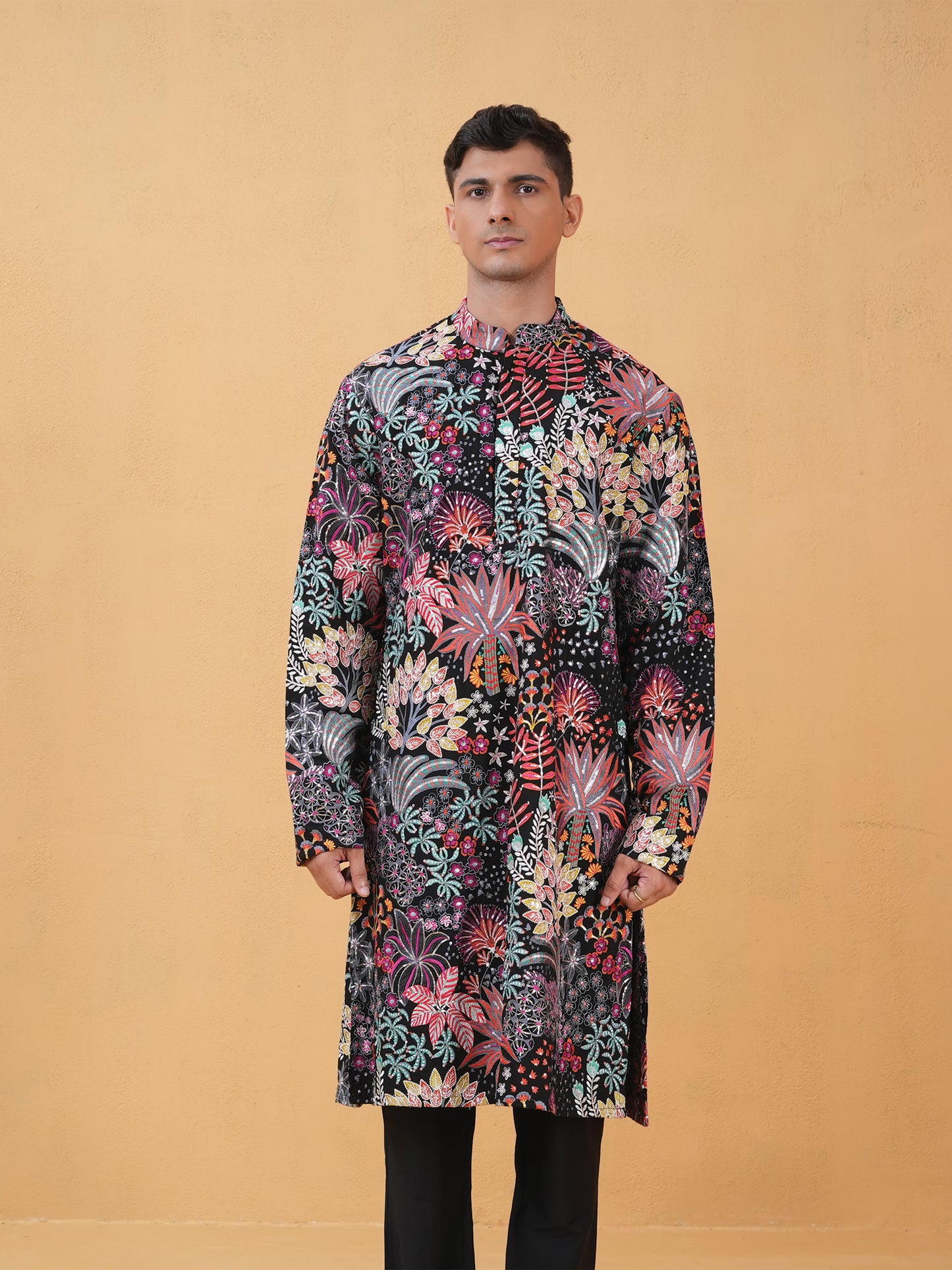 Aarush Black Embroidered Katan Kurta Set