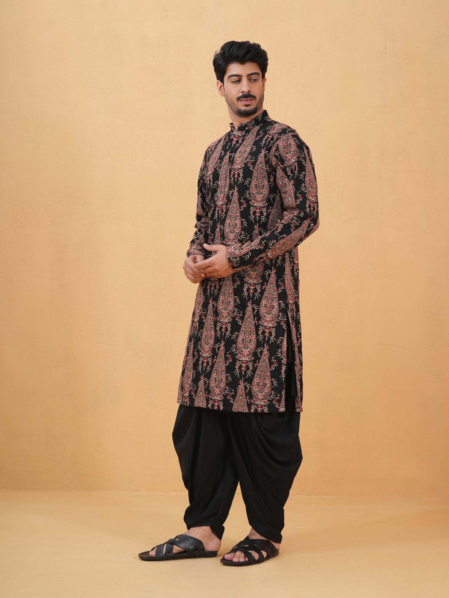 Aarvish Black Embroidered Katan Kurta Set