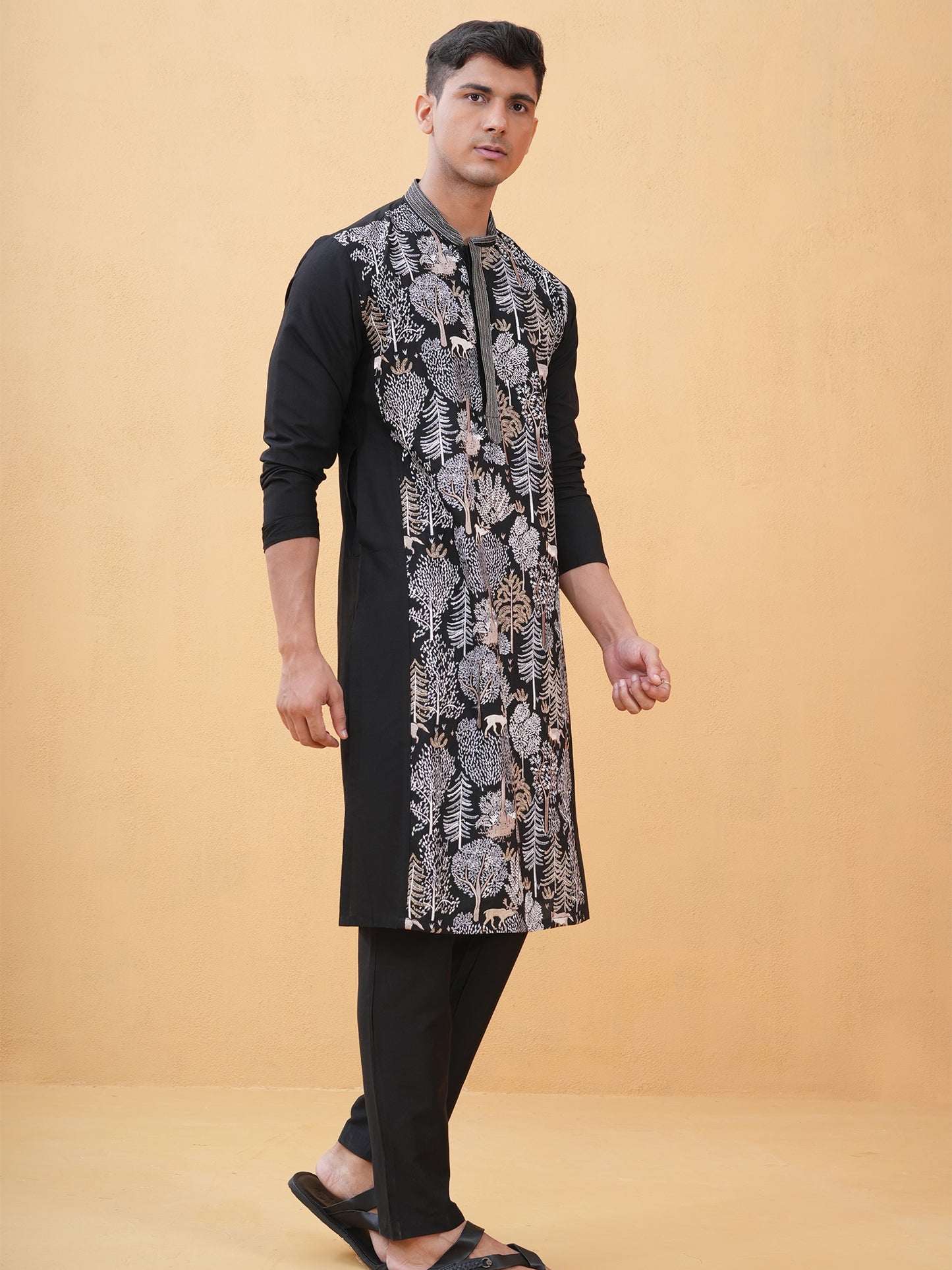 Bharu Black Embroidered Katan Kurta Set