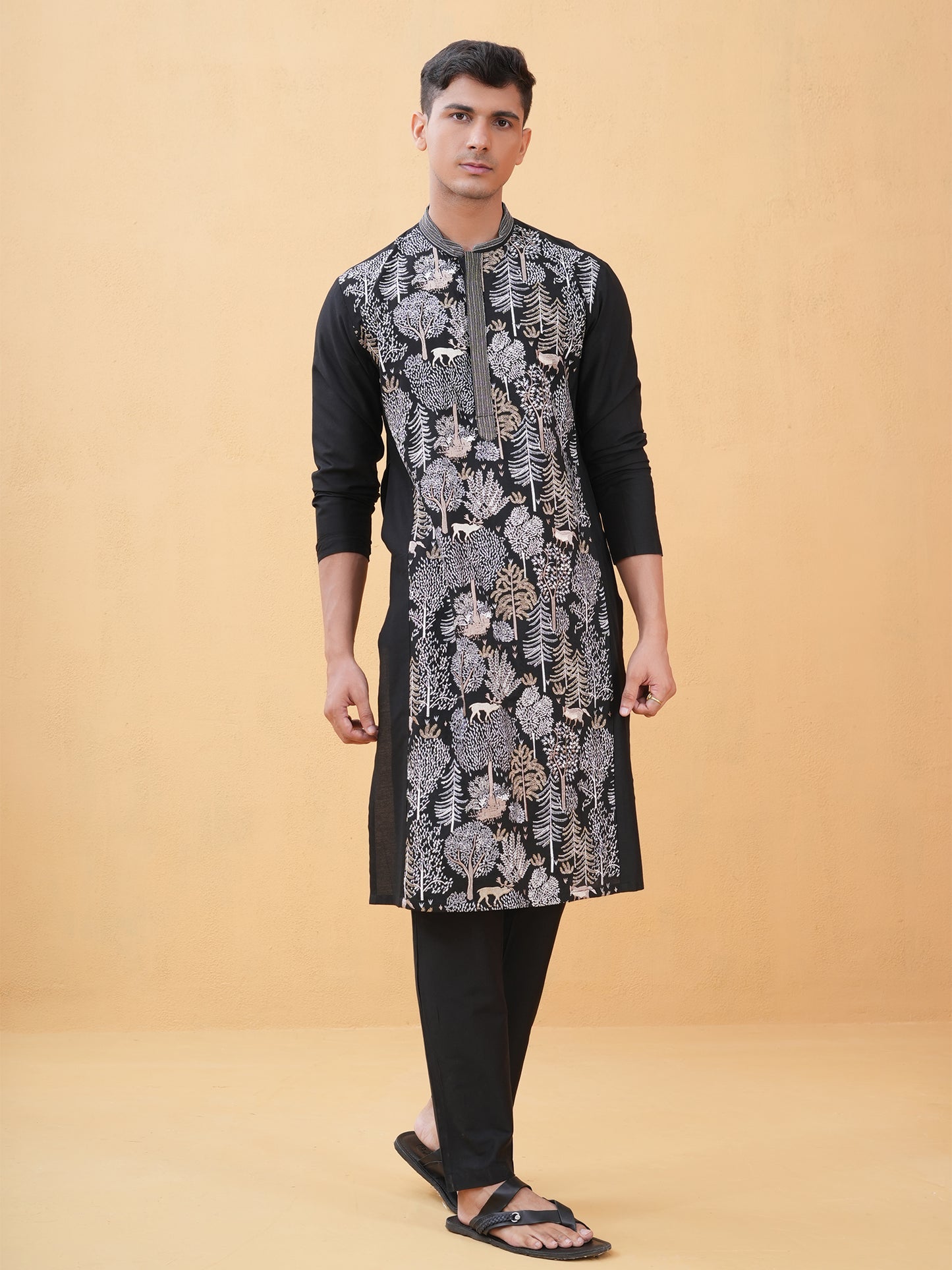 Bharu Black Embroidered Katan Kurta Set