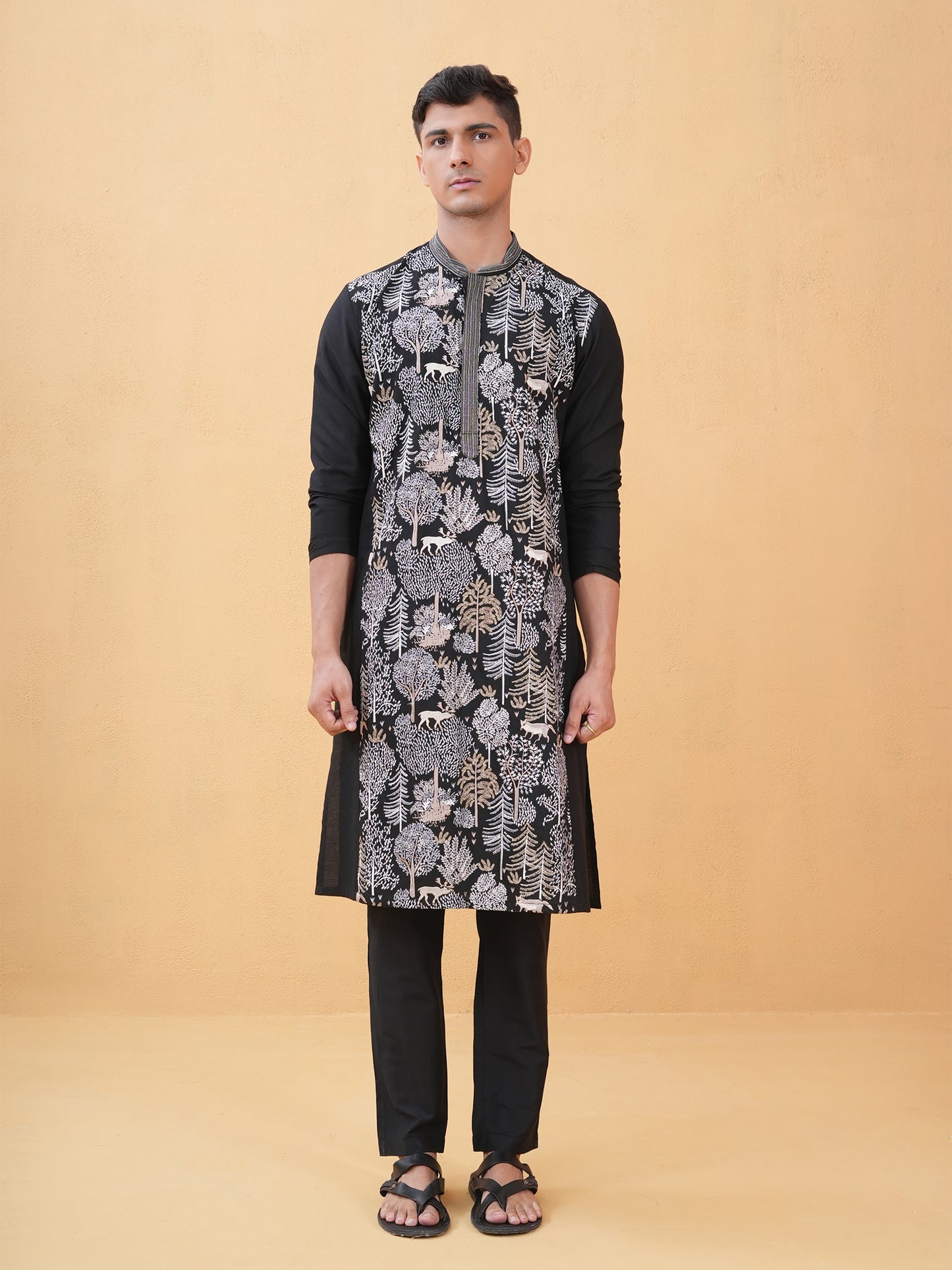 Bharu Black Embroidered Katan Kurta Set