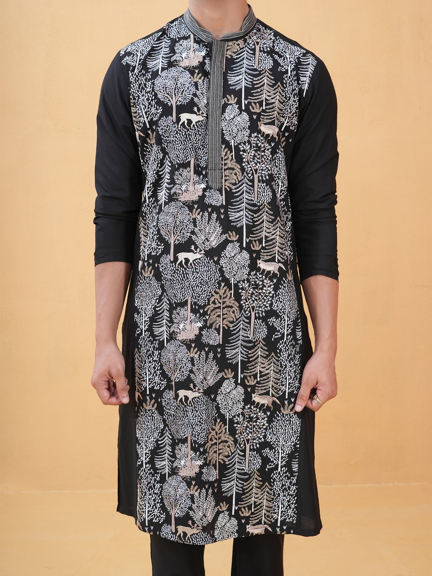 Bharu Black Embroidered Katan Kurta Set