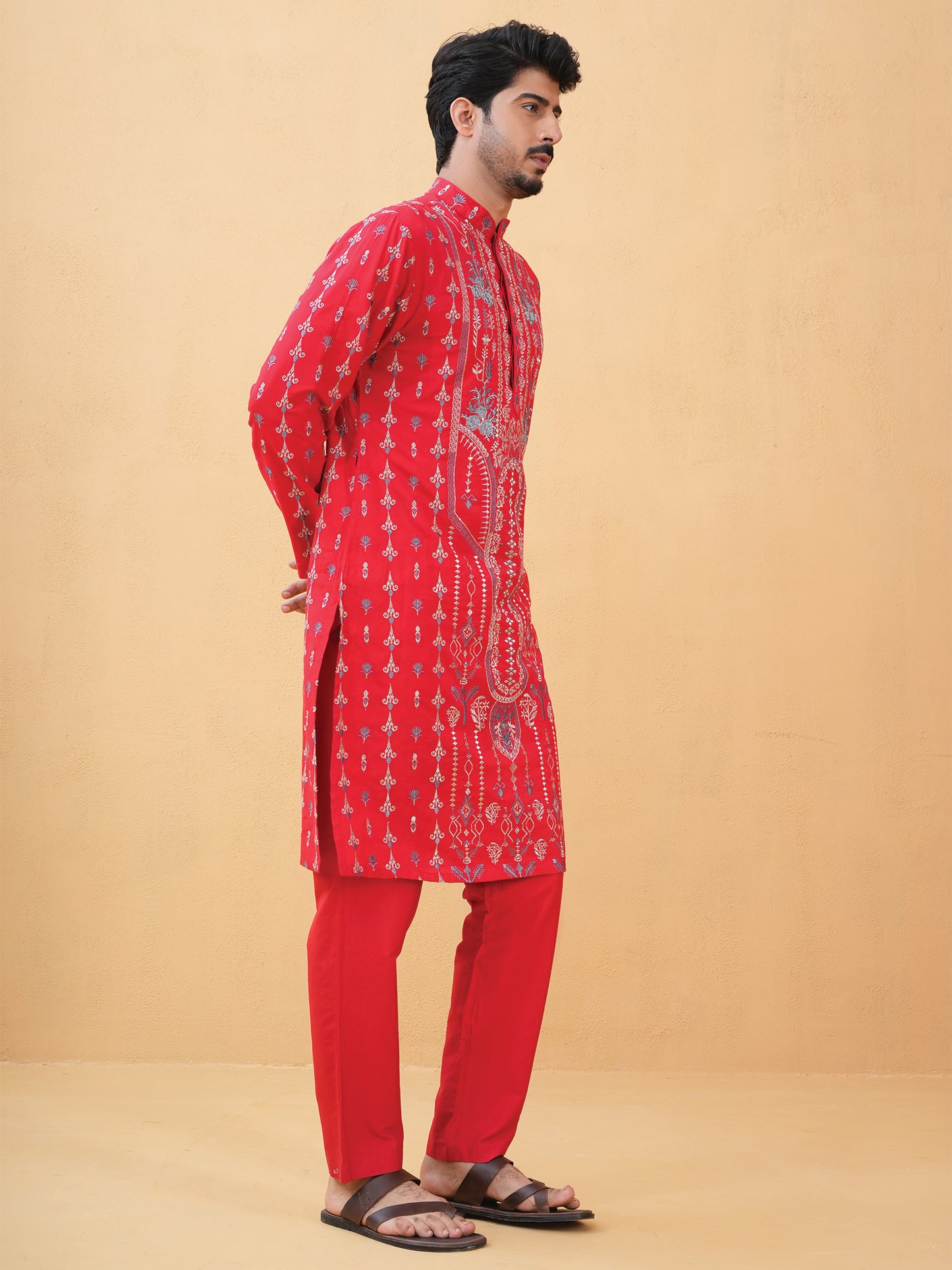 Tohsin Red Embroidered Katan Kurta Set