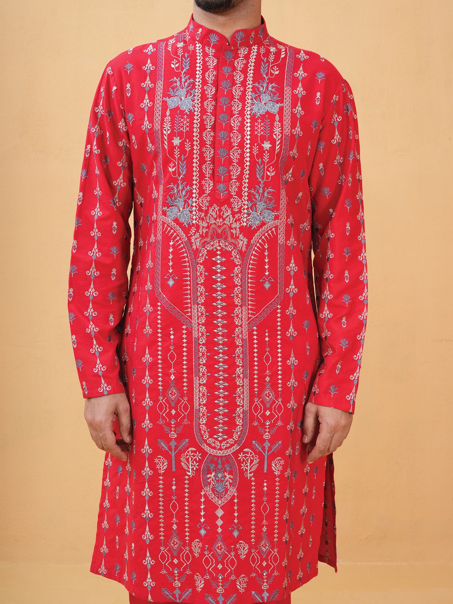 Tohsin Red Embroidered Katan Kurta Set