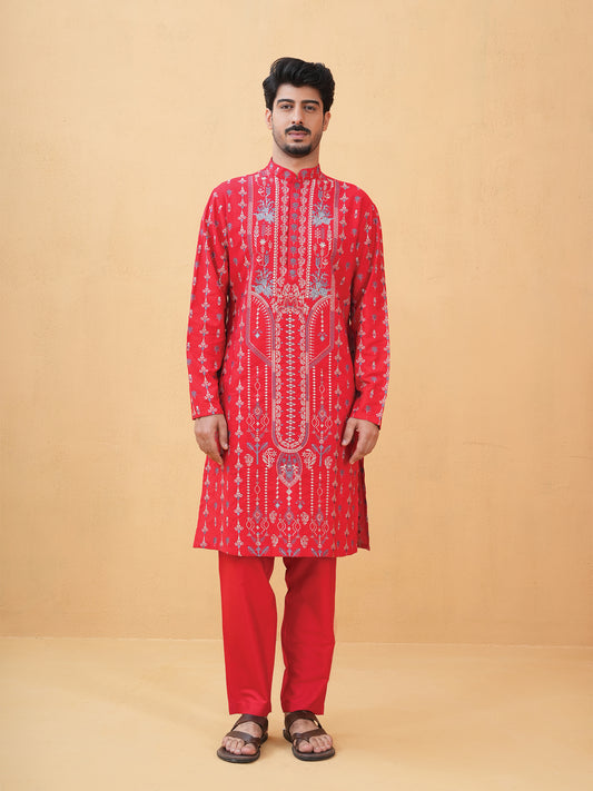 Tohsin Red Embroidered Katan Kurta Set