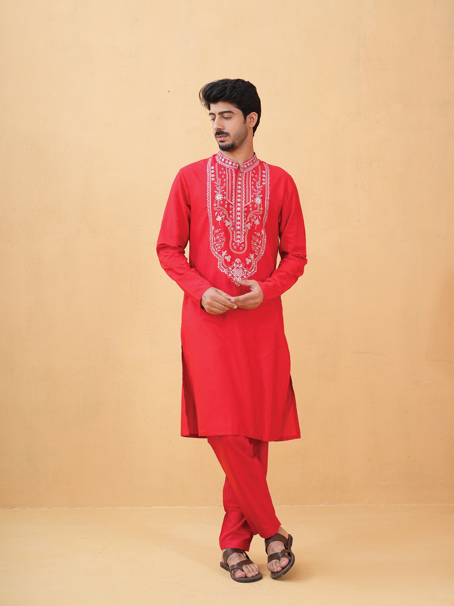 Nitigya Red Embroidered Katan Kurta Set