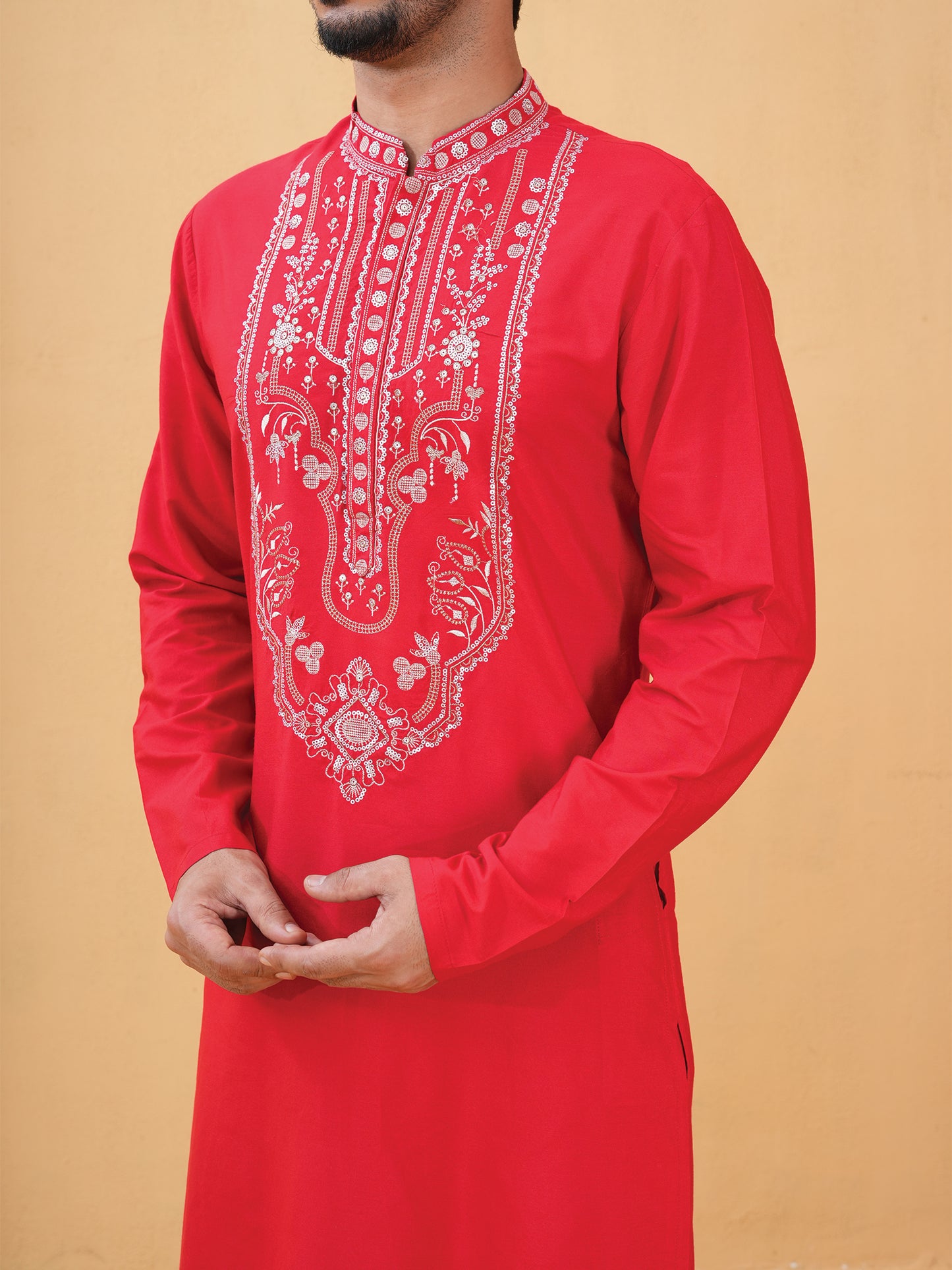 Nitigya Red Embroidered Katan Kurta Set