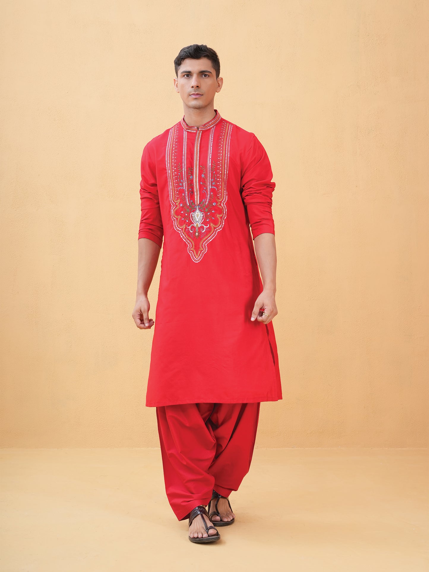 Aarnik Red Embroidered Katan Kurta