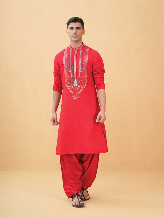 Aarnik Red Embroidered Katan Kurta Set