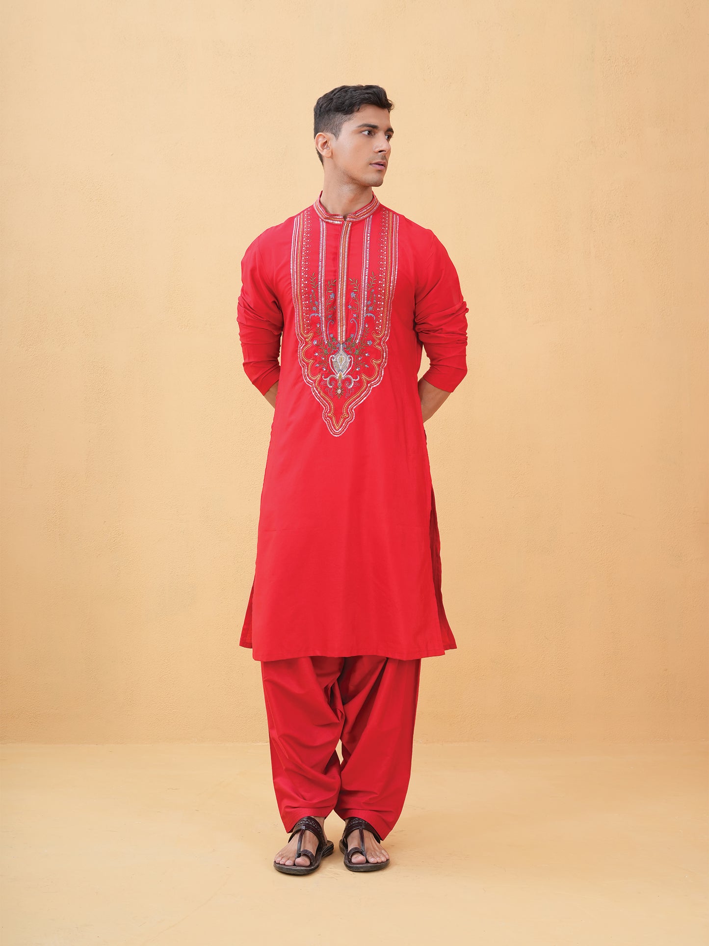 Aarnik Red Embroidered Katan Kurta Set