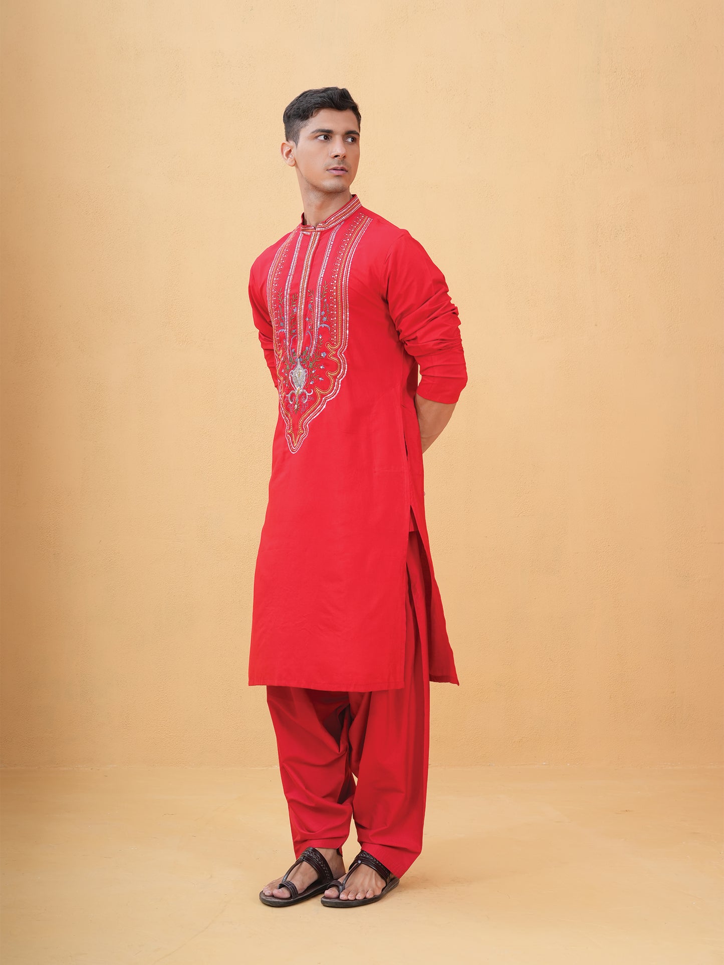 Aarnik Red Embroidered Katan Kurta Set