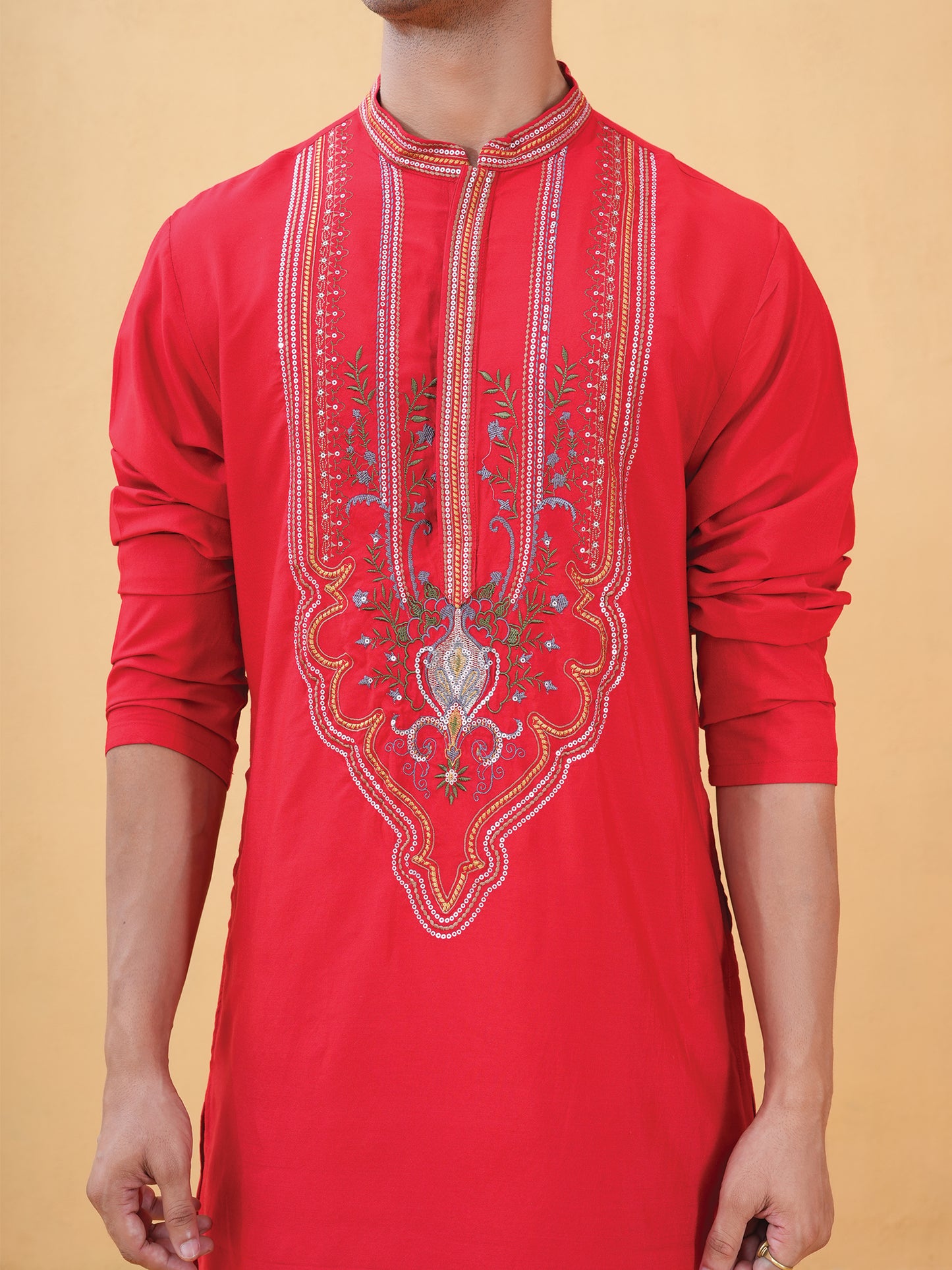 Aarnik Red Embroidered Katan Kurta Set