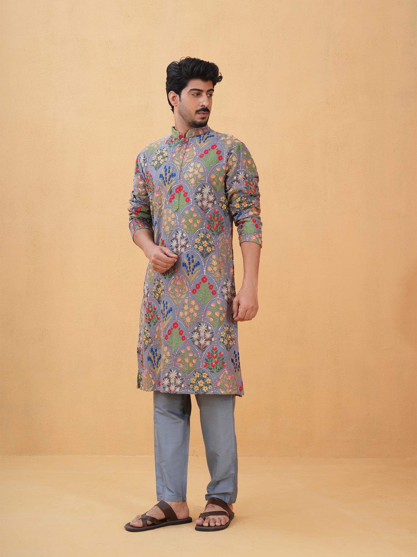 Dheer Gray Embroidered Katan Kurta Set