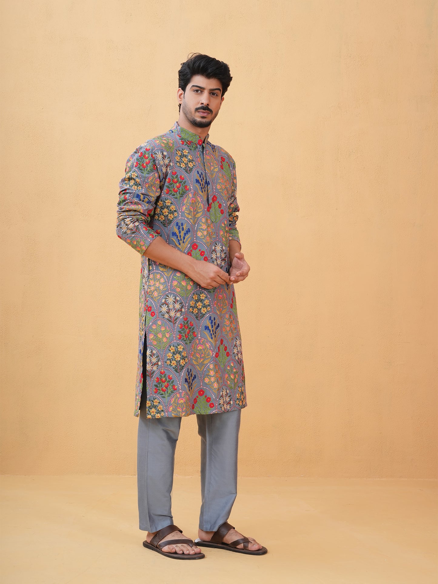 Dheer Gray Embroidered Katan Kurta Set