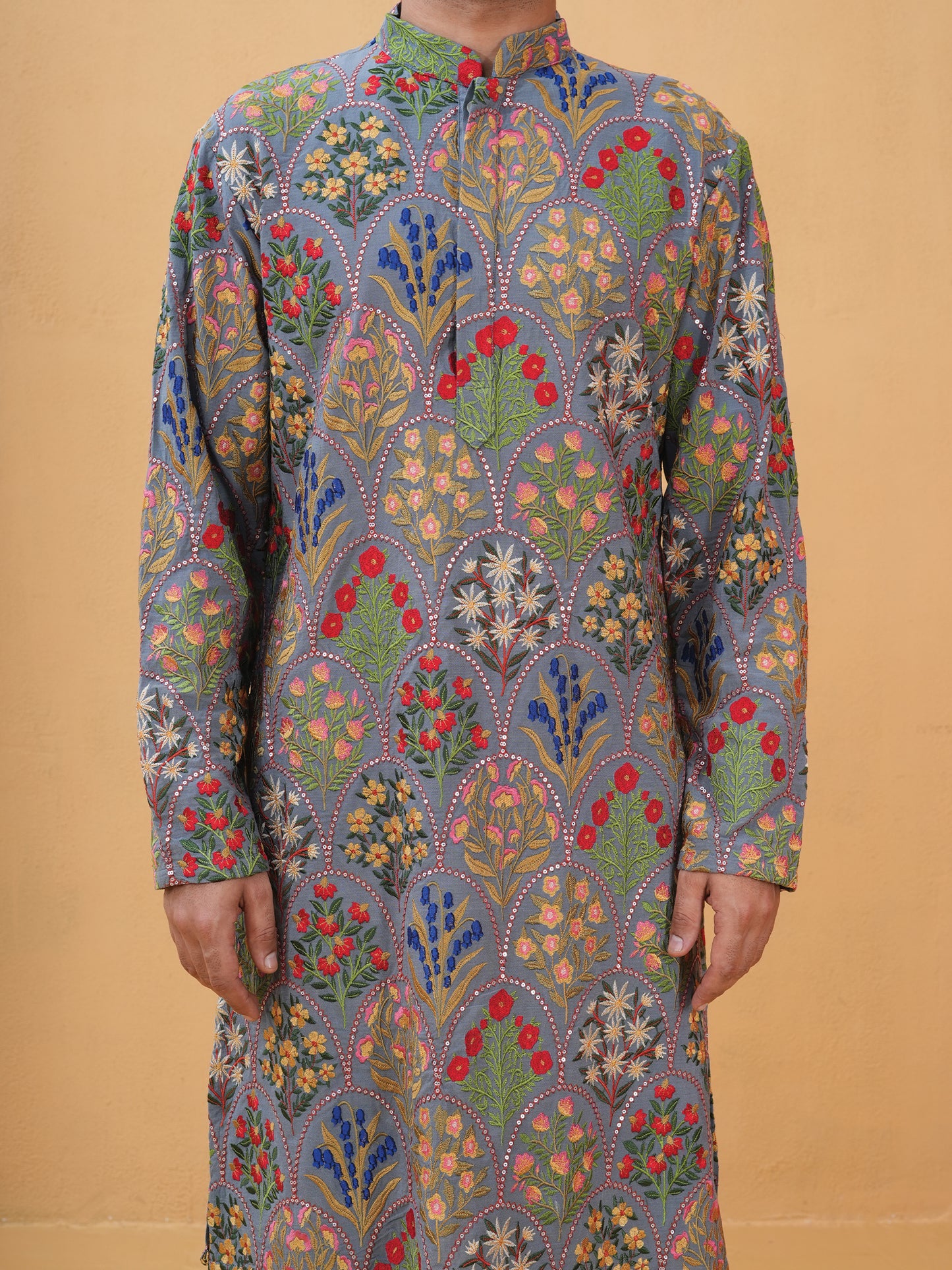 Dheer Gray Embroidered Katan Kurta Set