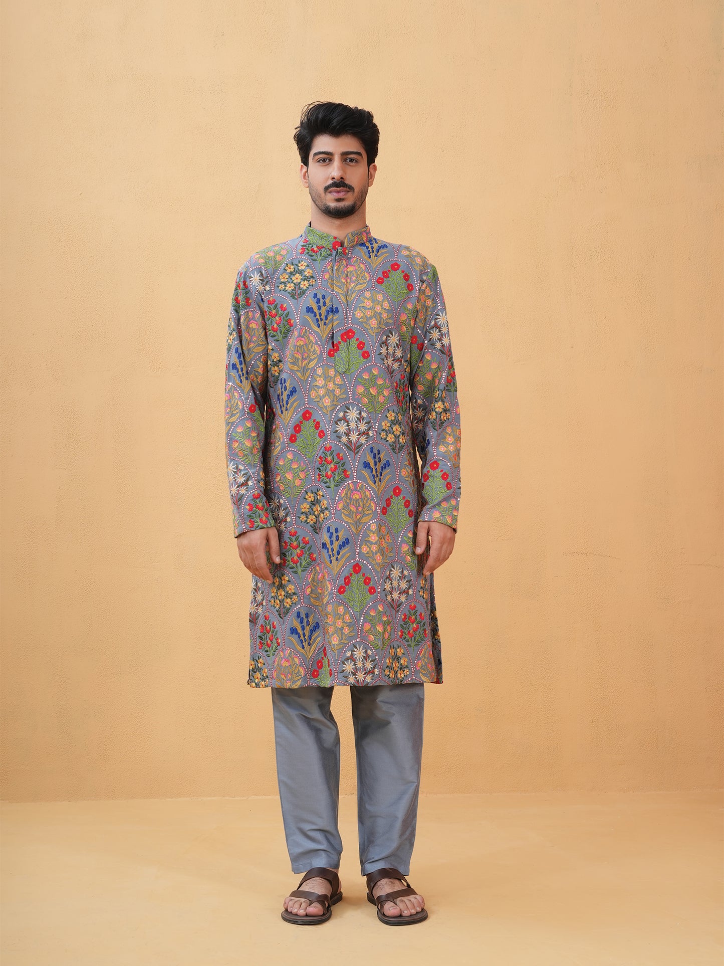 Dheer Gray Embroidered Katan Kurta Set