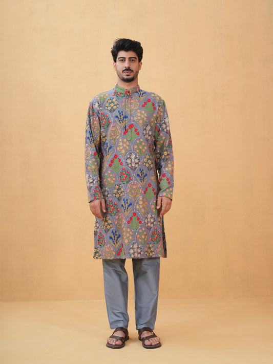 Dheer Gray Embroidered Katan Kurta Set