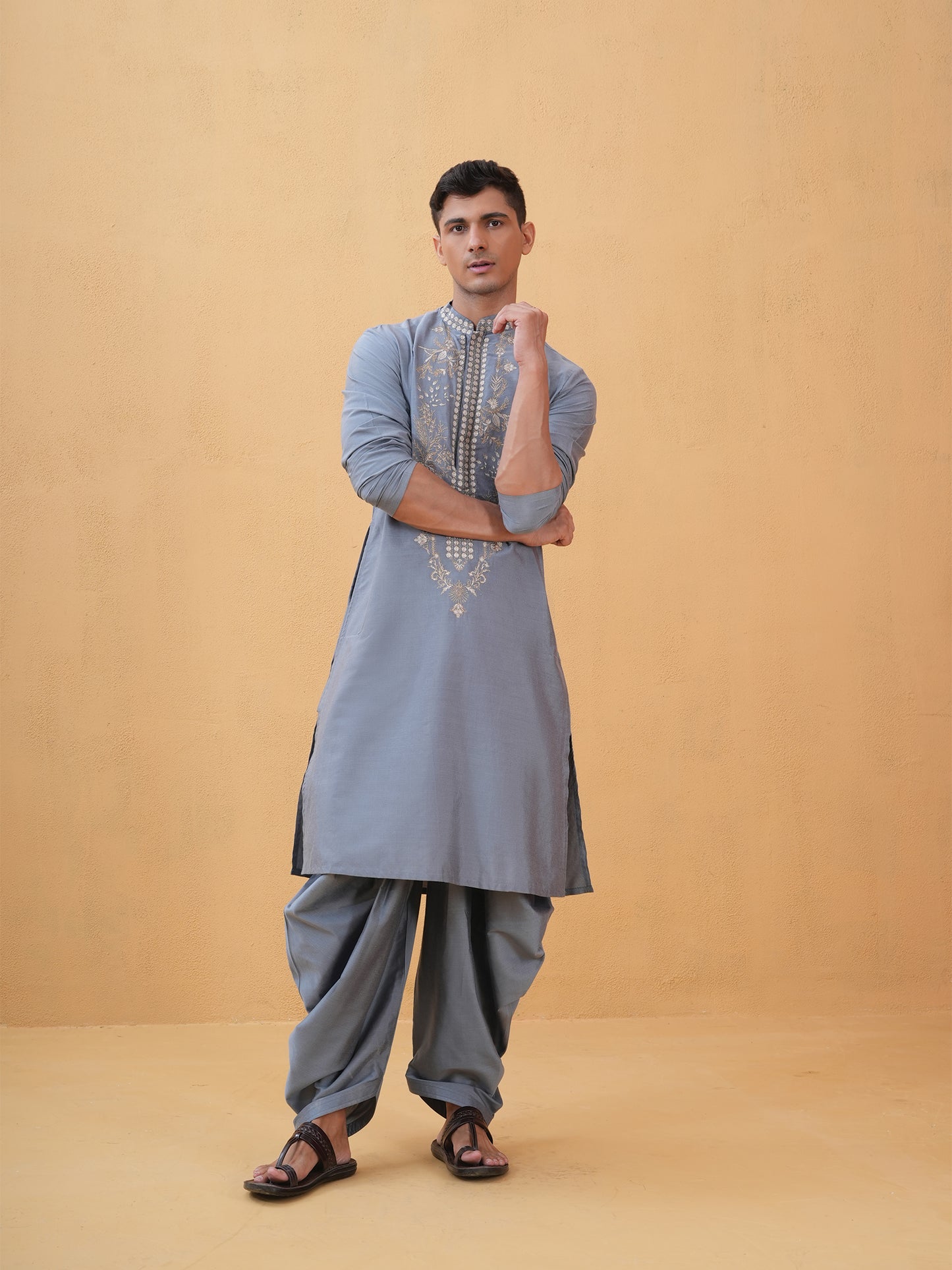 Anshul Blue Embroidered Katan Kurta Set