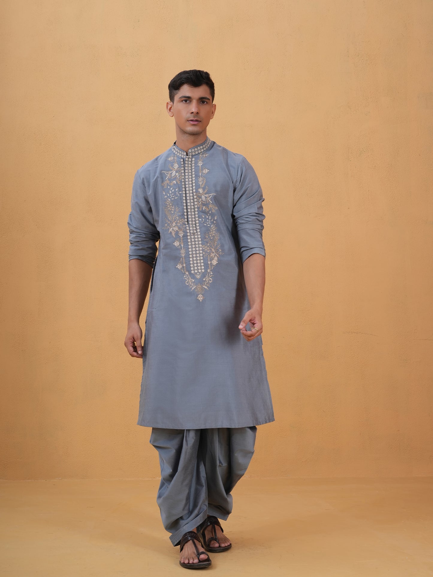 Anshul Blue Embroidered Katan Kurta Set