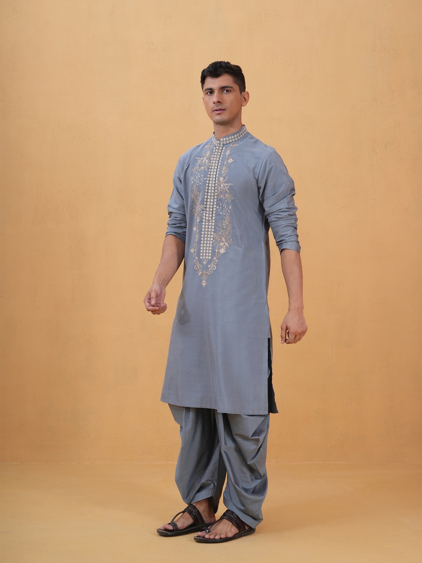 Anshul Blue Embroidered Katan Kurta Set