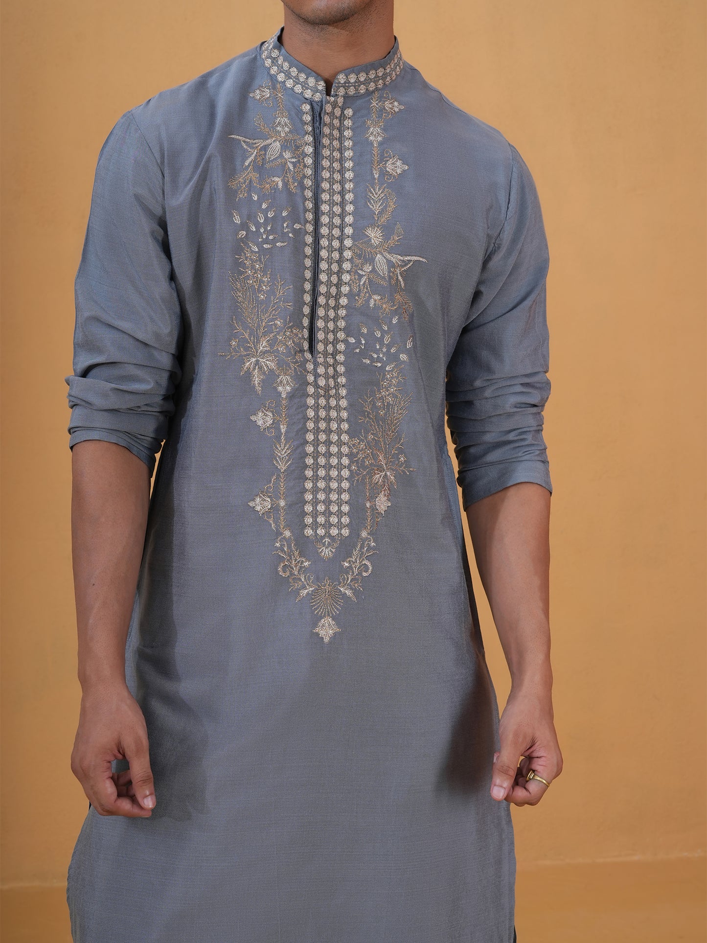 Anshul Blue Embroidered Katan Kurta Set