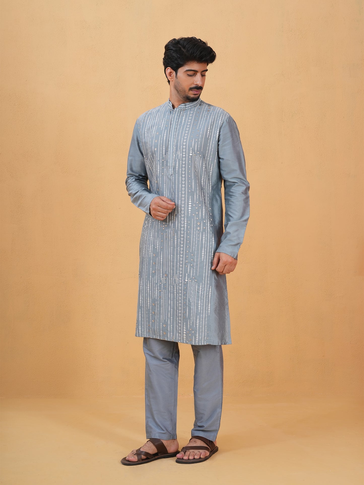 Maruta Sky Blue Embroidered Katan Kurta