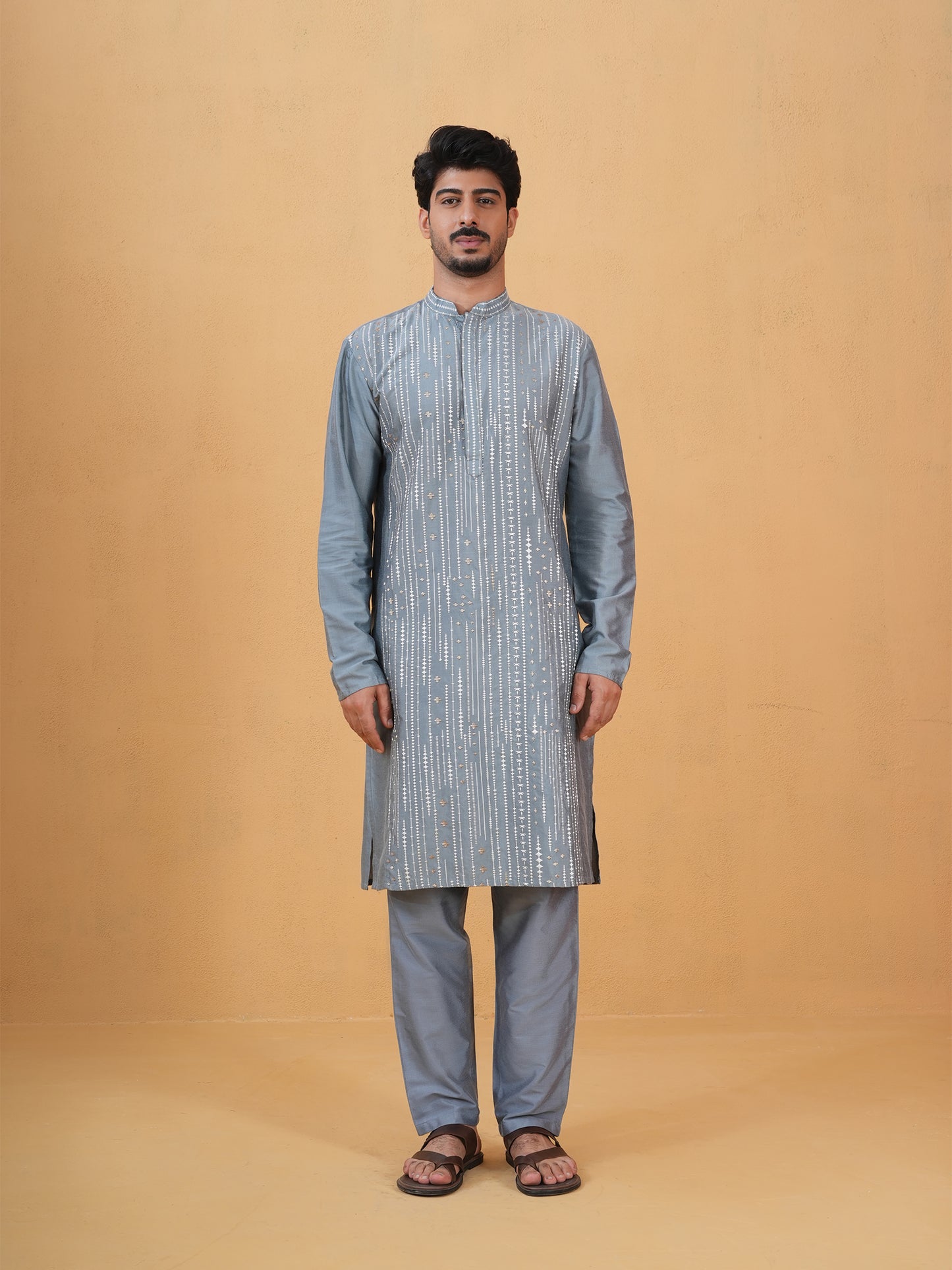 Maruta Sky Blue Embroidered Katan Kurta