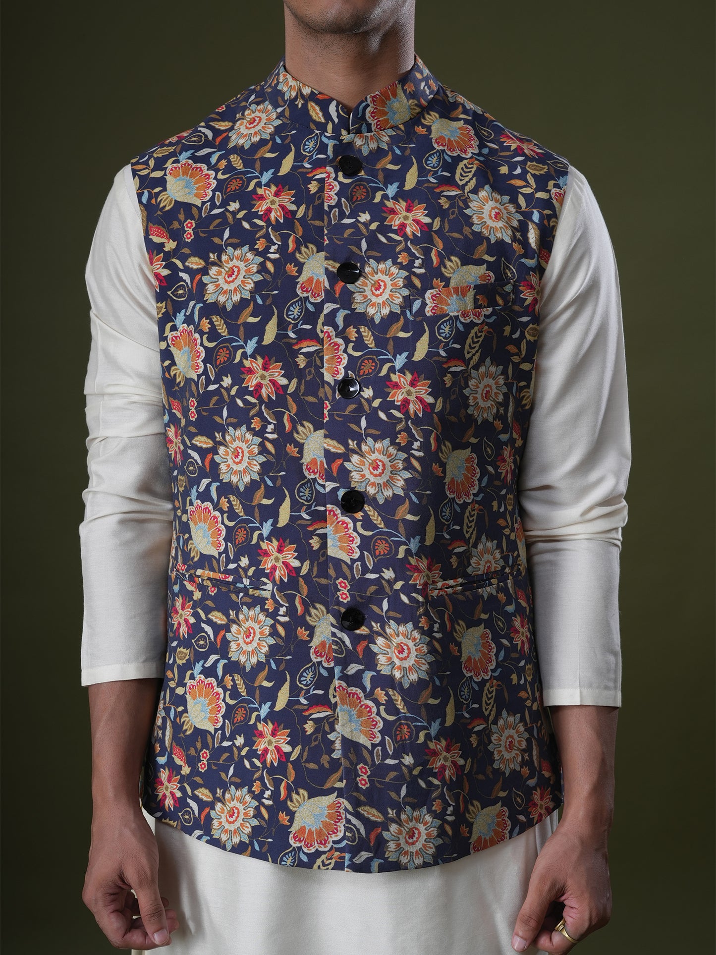 Vanish Dark Blue Printed Chanderi Bundi