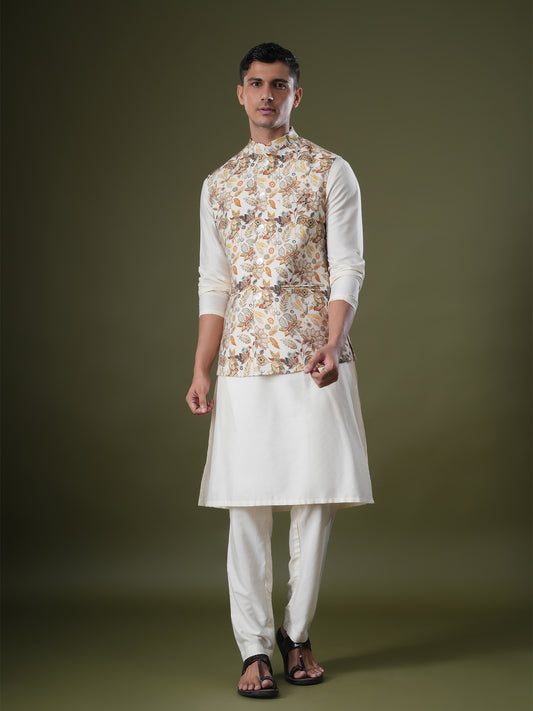 Tirtha Beige Printed Chanderi Bundi Set