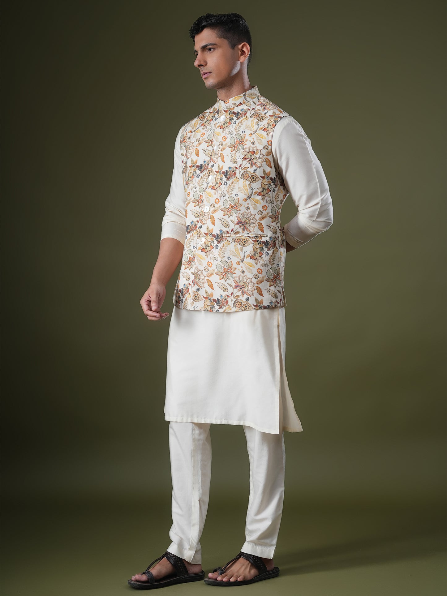 Tirtha Beige Printed Chanderi Bundi Set