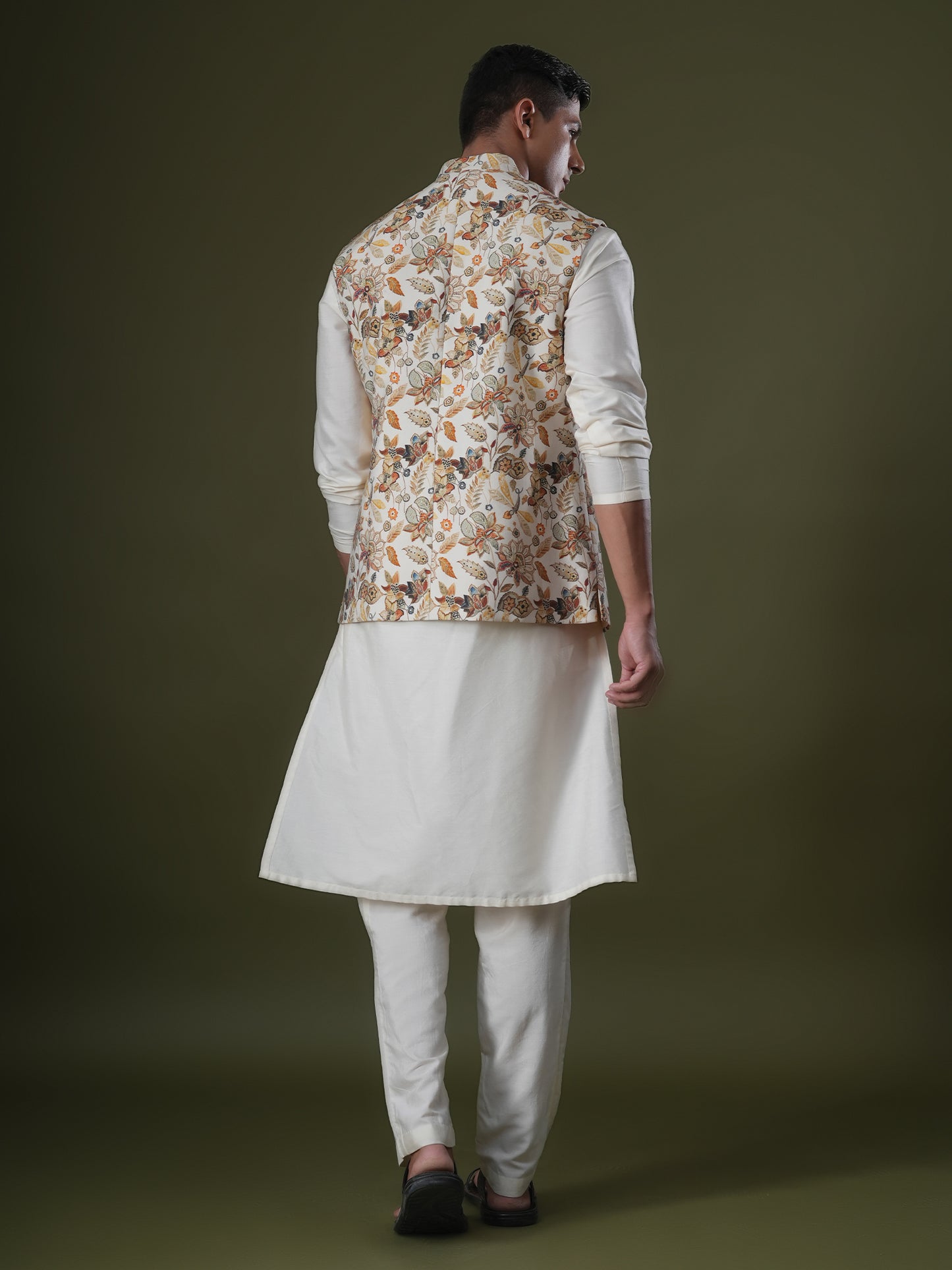 Tirtha Beige Printed Chanderi Bundi Set