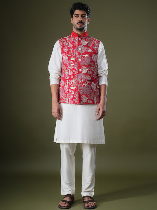 Chitran Red Embroidered Katan Bundi