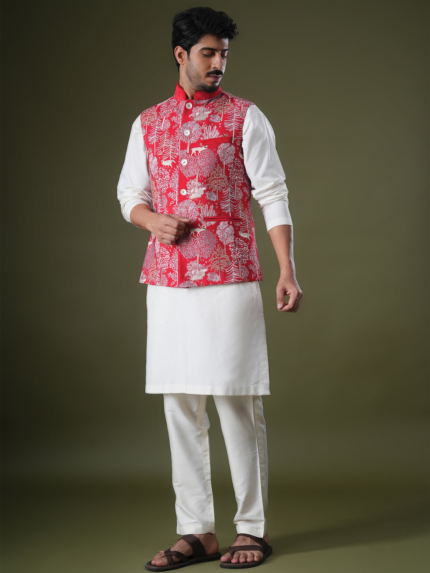Chitran Red Embroidered Katan Bundi Set