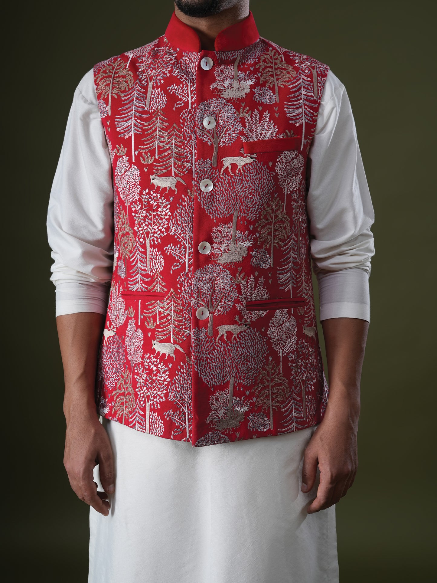 Chitran Red Embroidered Katan Bundi Set