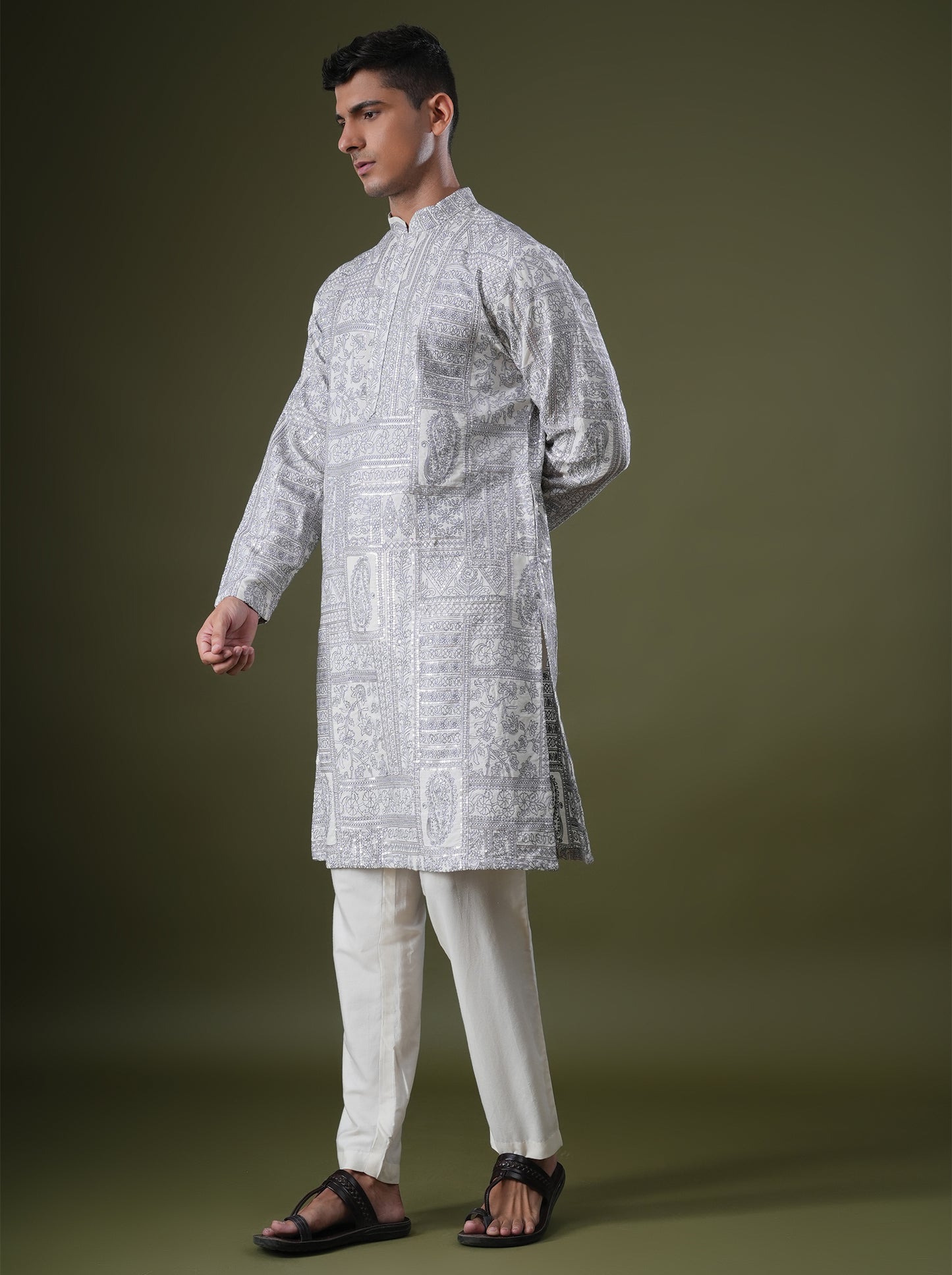 Ishir Ivory Embroidered Katan Kurta