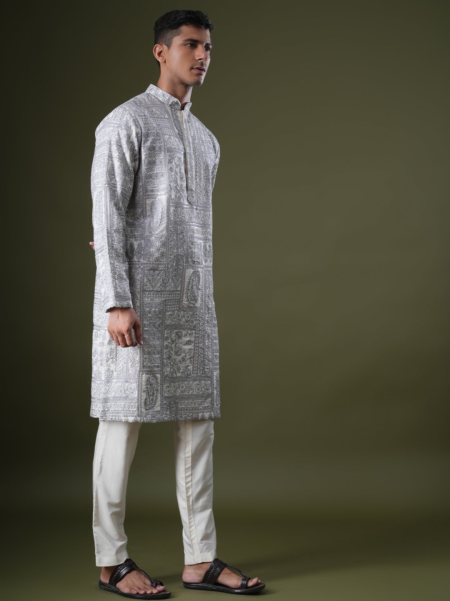 Ishir Ivory Embroidered Katan Kurta
