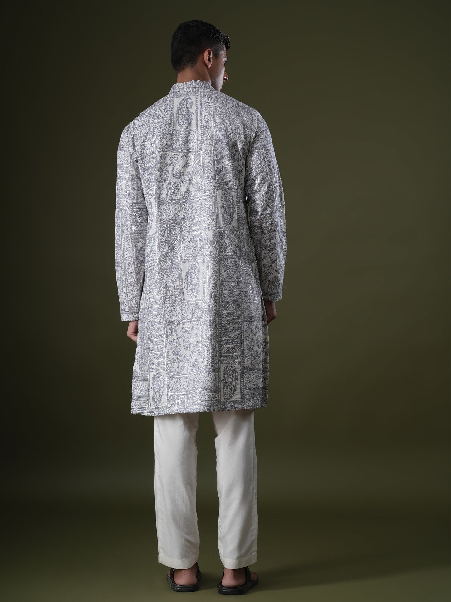 Ishir Ivory Embroidered Katan Kurta