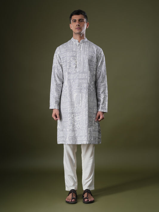 Ishir Ivory Embroidered Katan Kurta