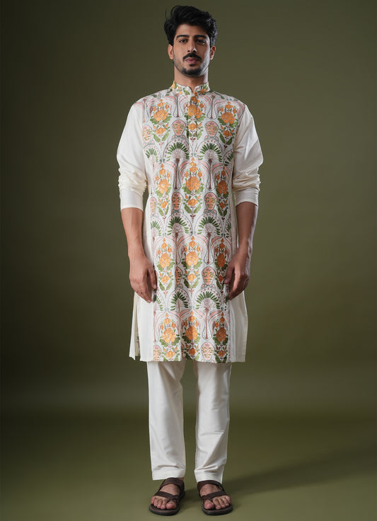 Anay Ivory Embroidered Katan Kurta Set