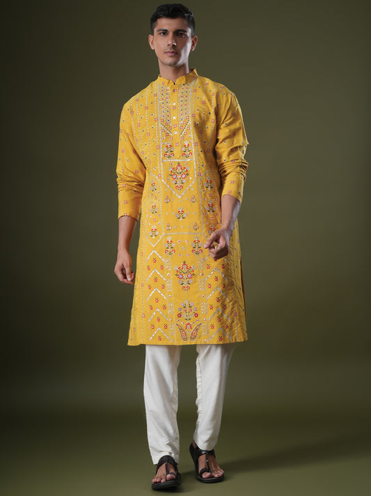 Aarvin Yellow Embroidered Katan Kurta