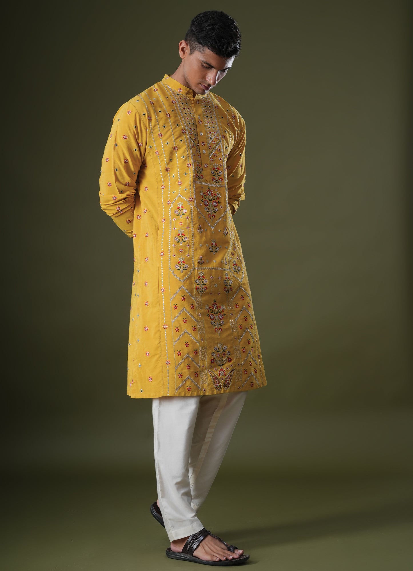 Aarvin Yellow Embroidered Katan Kurta Set