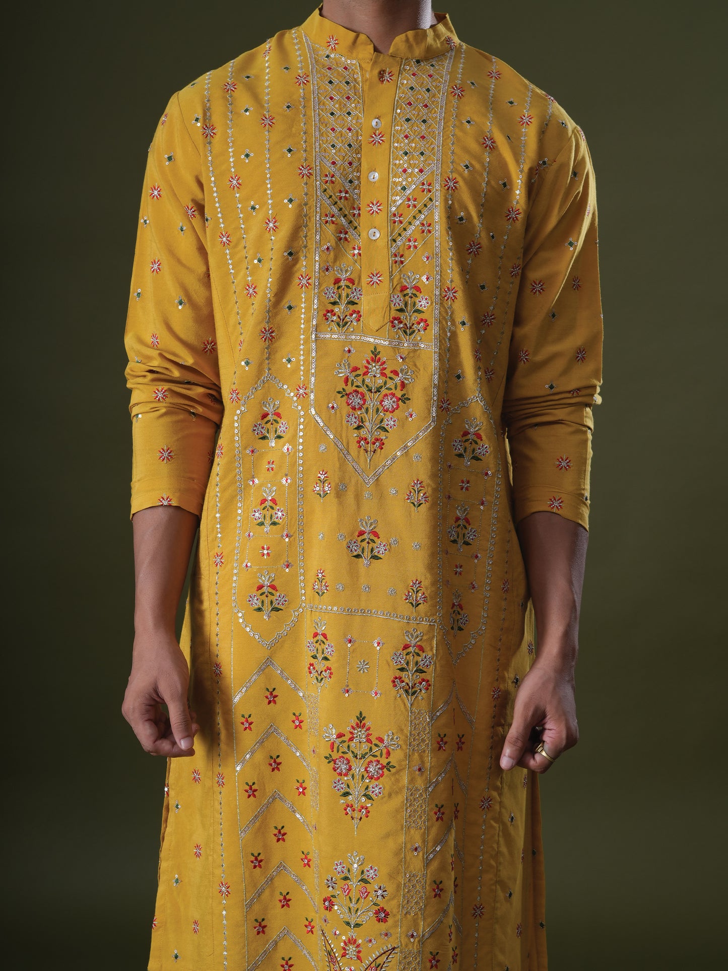 Aarvin Yellow Embroidered Katan Kurta Set