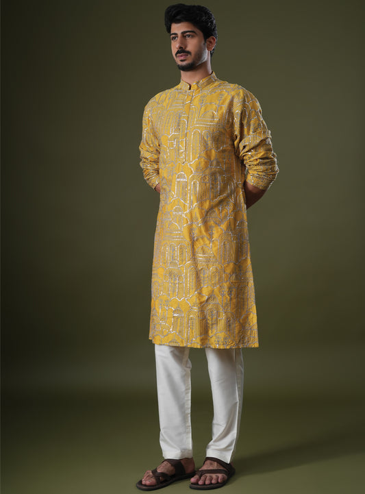 Yazal Yellow Embroidered Katan Kurta Set