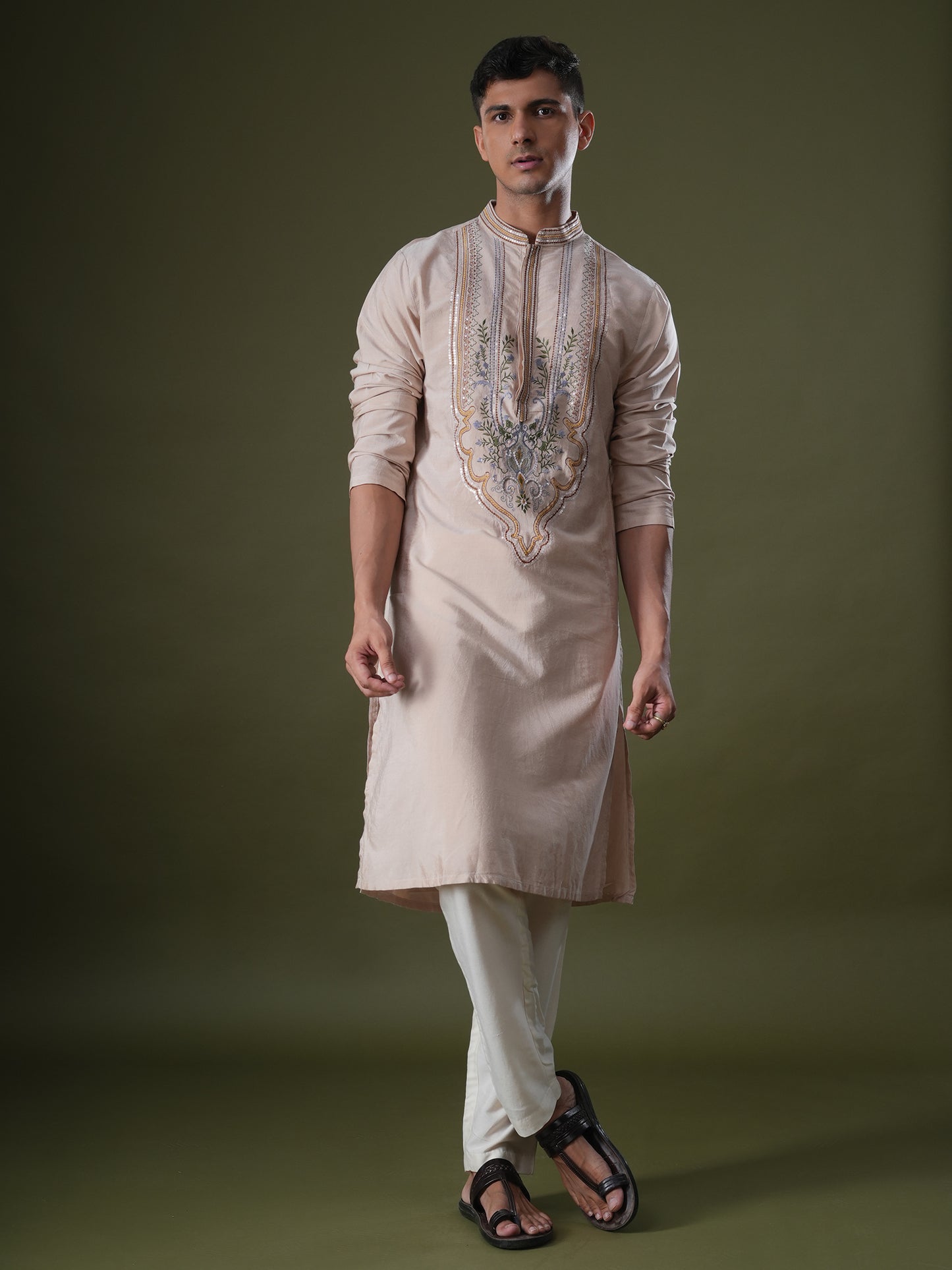 Aarnik Peach Embroidered Katan Kurta Set