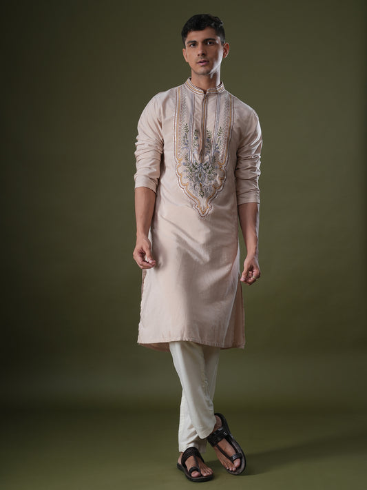 Aarnik Peach  Embroidered Katan Kurta Set